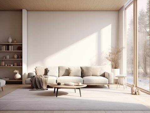 Modern minimalistic living room with large windows, grey beige greige interior with sofa, carpet and decor, neutral palette. 3d render illustration mockup. Generative AI.