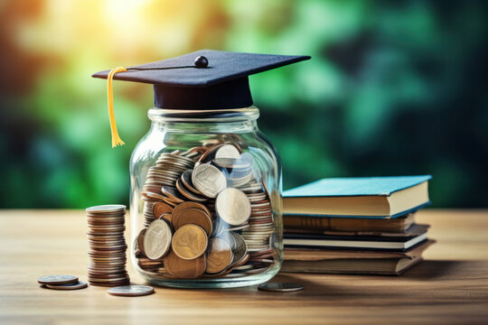 Graduation hat on top of glass jar or piggy bank filled with coins on modern city background with copy space. Saving money for education or scholarship concepts