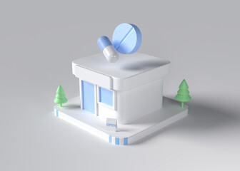 3D minimal pharmacy, Blue pastel shop capsule and pill on white background. 3d render.