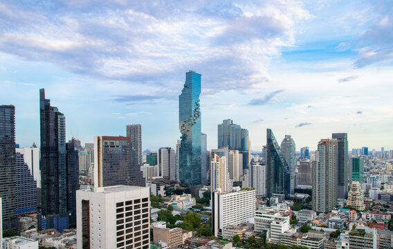 Top view Commercial building in Bangkok city at twilight with skyline,Thailand