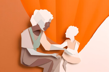 Endearing minimalist paper-cut style illustration of a loving grandmother with grandchild celebrating Grandmother's day. Showcases respect for the elderly. Generative AI - obrazy, fototapety, plakaty