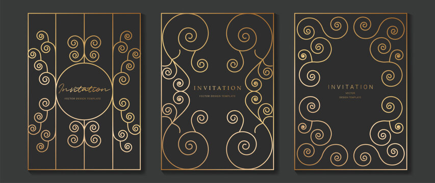 Luxury invitation card background vector. Golden elegant geometric shape, gold lines on brown background. Premium design illustration for wedding and vip cover template, banner, poster, gala, wedding.
