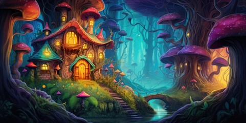 Fototapeta na wymiar Vibrant Fantasy Treehouse Escape, generative ai