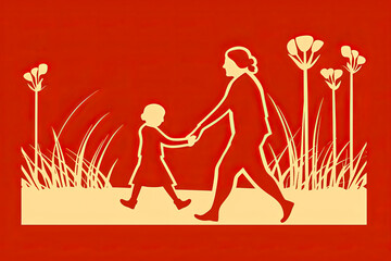 Charming minimalist woodcut-style illustration depicting enduring bond between grandmother and grandchild, perfect for Grandmother's Day celebrations. Generative AI