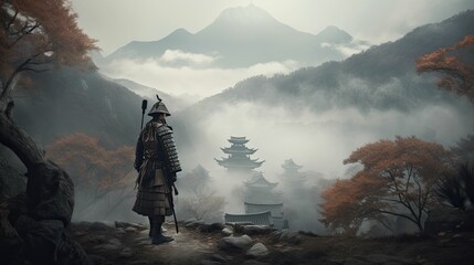 Obraz premium Samurai and oriental temple in the background