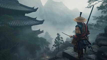 Samurai and oriental temple in the background