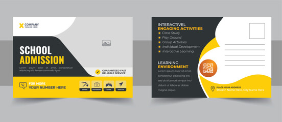 Modern Kids back to school education admission postcard template. Modern professional school admission postcard template design