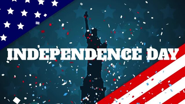 Animation of independence day text over falling confetti, flag of america against statue of liberty