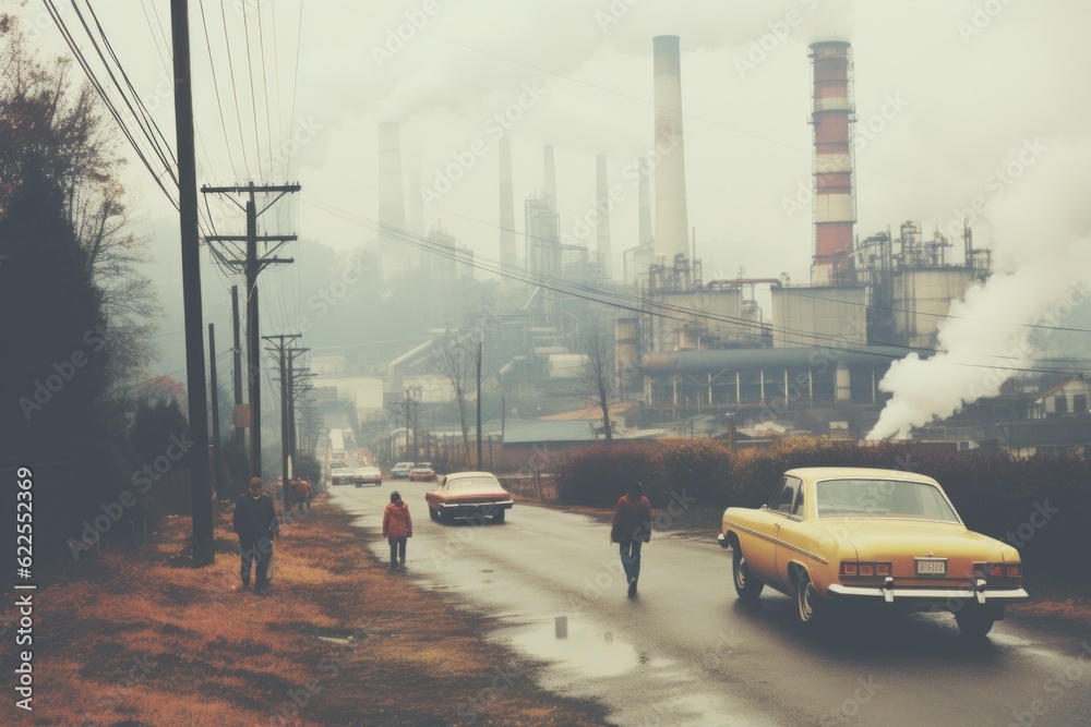 Poster A group of cars driving down a street next to a factory. Generative AI image.