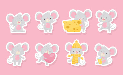 Cute Mouse as Funny Little Animal Engaged in Different Activity Vector Sticker Set