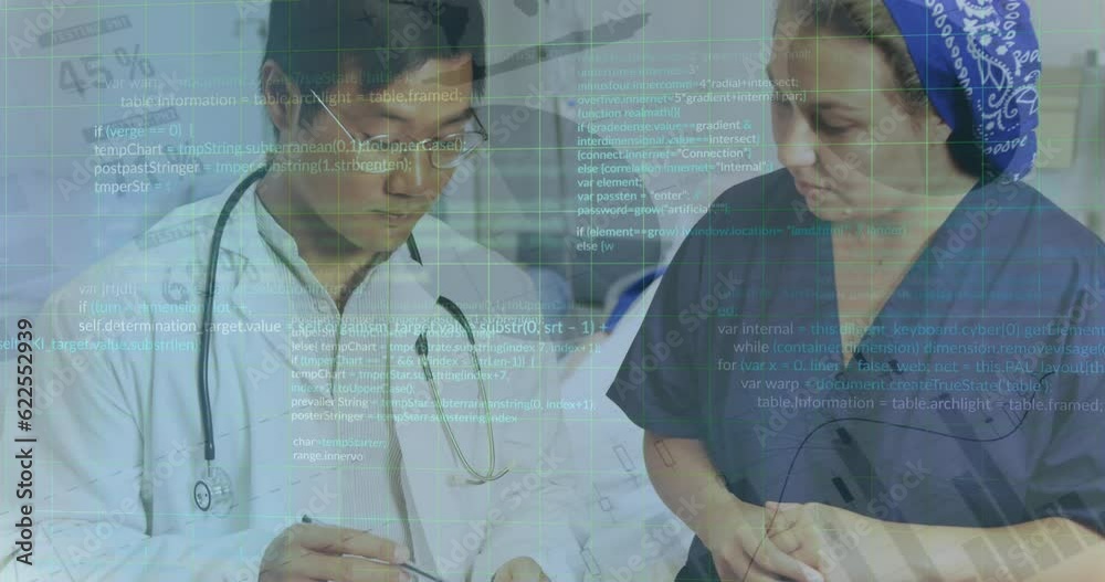 Canvas Prints Animation of infographic interface, computer language, diverse doctors and nurse talking in hospital