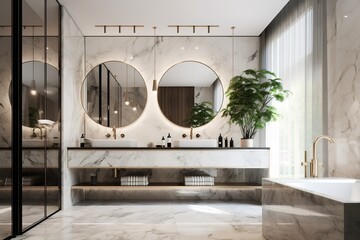 Spacious bathroom in gray tones with heated floors .Generative AI