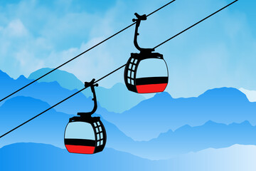 Cable cars or aerial lift on mountains landscape. Cable car illustration. Gondola lifts or ski cabin lift, mountain skiers and snowboarders moves in the air on a cable way. © Nature Clicks