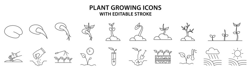 Plant Growing icons. Set icon About  Growing plant. Line icons. Editable Stroke.