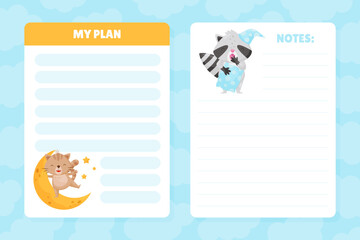 Empty Note Card with Cute Cat and Raccoon Having Bedtime Vector Template