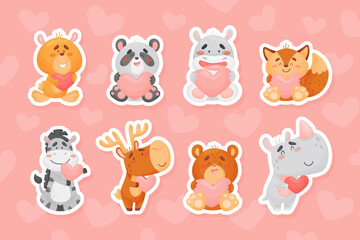 Funny Cartoon Animals with Heart Feel Love Vector Sticker Set