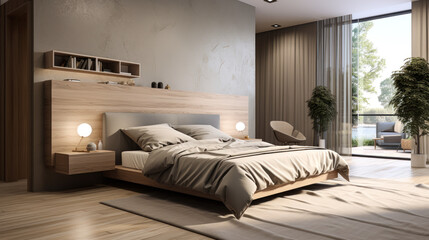 Ultimate Serenity: A Chic Beige Bedroom with Sleek Wood Furnishings and Natural Lighting Elements