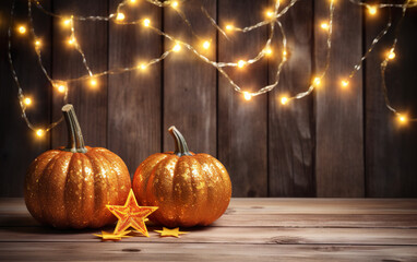 Festive autumn decor of pumpkins wrapped around a string lights garland on wooden table. Orange and dark bokeh lights background. Thanksgiving and Halloween greeting card concept. Copy space.