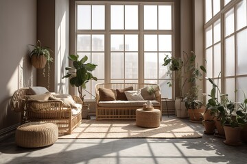 Luxury home light and bright living room interior with nobody. Generative AI