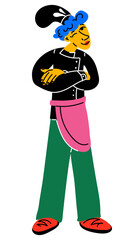 An illustration of a young abstract bright Italian chef. Modern bright style. A young kitchen worker. The character is standing, suitable for the juicy design of the menu of a pastry shop, cafe
