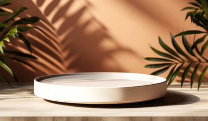 Glamorous Gathering: A Polished Wooden Plate Tray with Natural Grain and Lush Tropical Leaf Shadows on a Rich Brown Wall, Luxury Beauty, Cosmetic, and Organic Food Product Packaging
