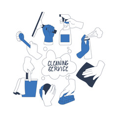 Cleaning Service with Hand Hold Cleanup Supplies Vector Illustration
