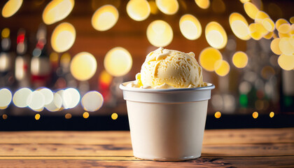 Tub of creamy vanilla or tangy lemon ice cream on an old wooden bar counter with a bokeh of festive...