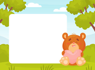 Empty Note Card with Funny Cartoon Bear Animal with Heart Feel Love Vector Template