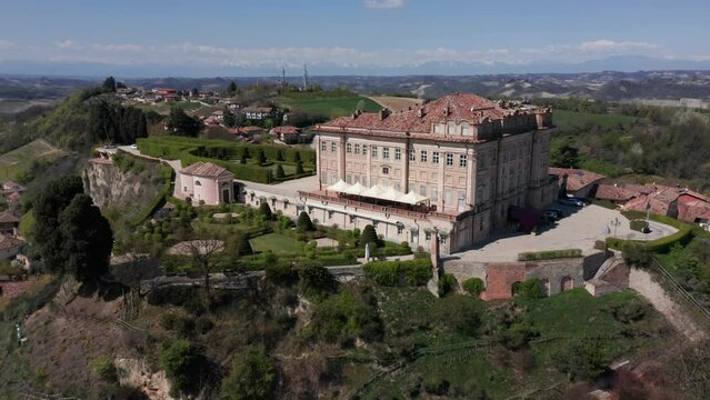 Cinematic aerial of Castello di Guarene in Italy