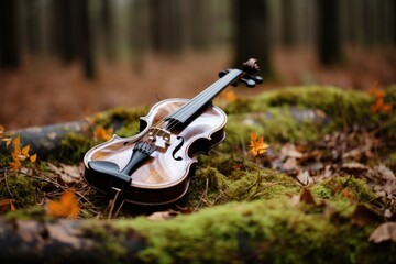 A violin sitting on top of a moss covered ground. Generative AI image.