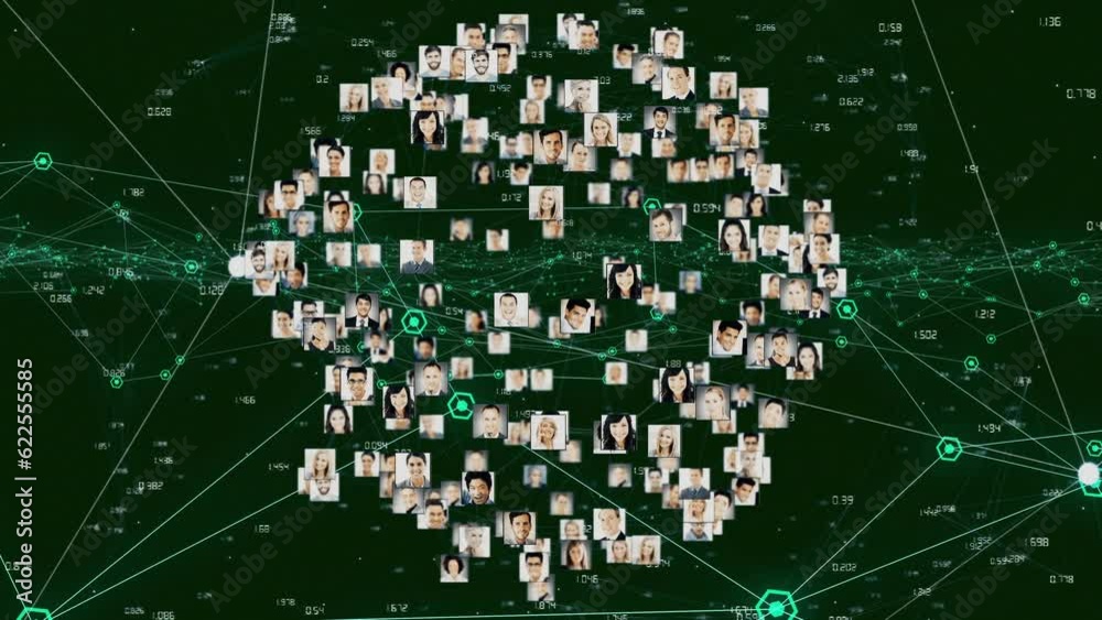 Poster animation of profile picture forming globe over connected dots and numbers in background