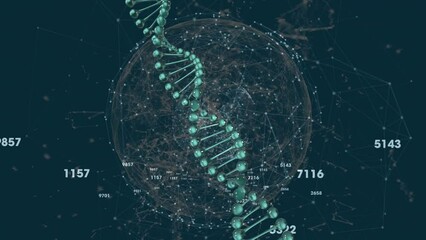 Animation of changing numbers, dna helix against connected dots forming globe and geometric shapes - Powered by Adobe