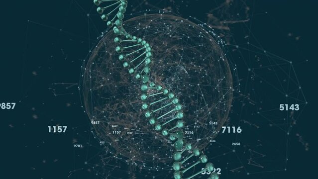 Animation of changing numbers, dna helix against connected dots forming globe and geometric shapes