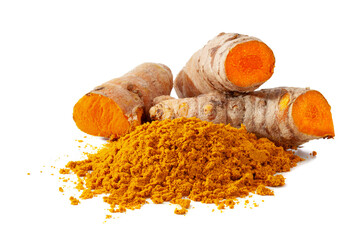 turmeric root and dry powder isolated on white background.