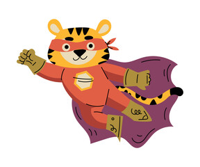 Tiger Animal Superhero Character Dressed in Mask and Cape Vector Illustration