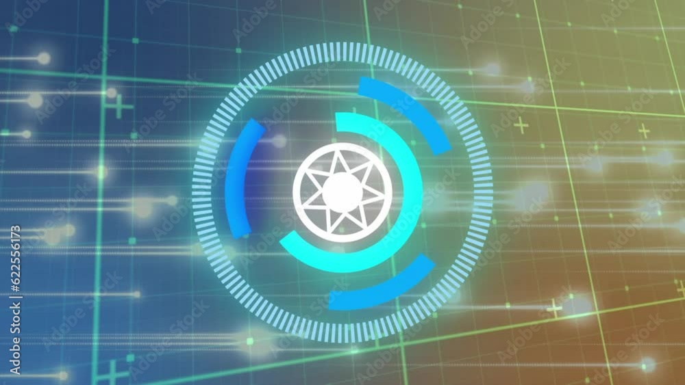 Poster animation of star in loading circles over grid pattern against dots on abstract background