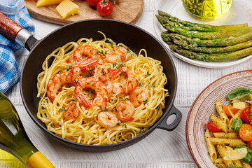 A delightful Italian pasta adorned with shrimps