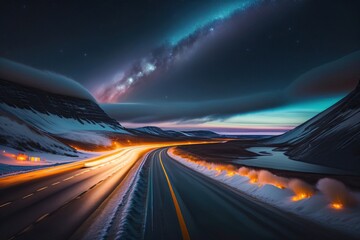 Fototapeta na wymiar Scenic view of automobile driving on empty mountainous road in winter under night sky glowing stars of milky way in norway