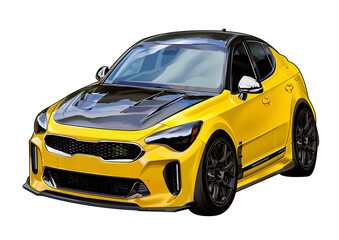 A yellow sedan with a black hood that is the mainstay color of the year now