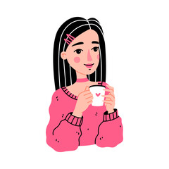 Young Woman with Coffee Cup Enjoy Hot Aromatic Drink Vector Illustration