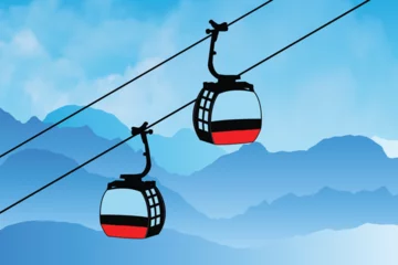Foto op Plexiglas Cable cars or aerial lift on mountains landscape. Cable car vector illustration. Gondola lifts or ski cabin lift, mountain skiers and snowboarders moves in the air on a cable way. © Nature Clicks