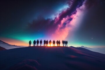 Teamwork and support. A group of people are standing together holding hands against the Milky Way in the mountains.