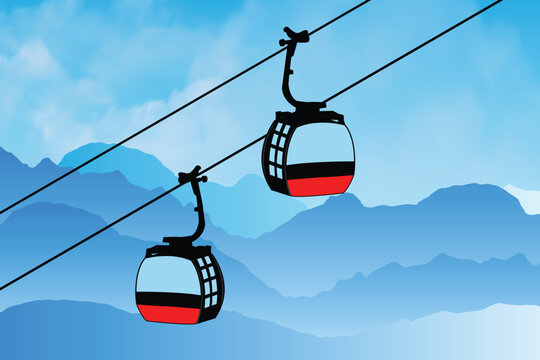 Cable cars or aerial lift on mountains landscape. Cable car vector illustration. Gondola lifts or ski cabin lift, mountain skiers and snowboarders moves in the air on a cable way.