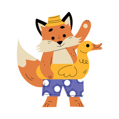 Obraz premium Cute Fox Tourist Standing with Rubber Yellow Duck Ring Having Summer Resort Vacation Vector Illustration
