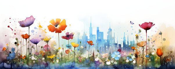 city skyline with colourful watercolour summer flowers