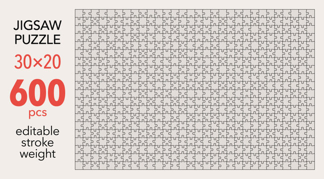 Empty jigsaw puzzle grid template, 30x20 shapes, 600 pieces. Separate matching puzzle elements. Flat vector illustration layout, every piece is a single shape.