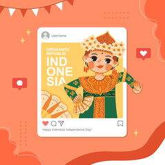 Indonesian character wearing traditional costume celebrate indonesia independence day instagram template