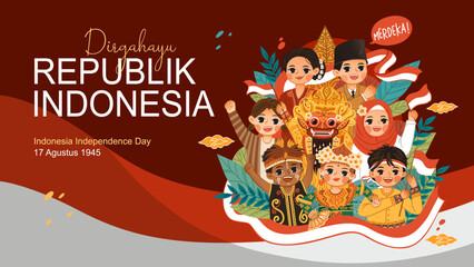 Indonesia independence day horizontal banner with set of indonesian character celebrate hut ri