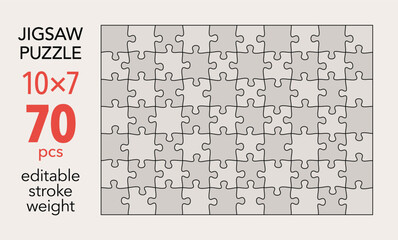 Empty jigsaw puzzle grid template, 10x7 shapes, 70 pieces. Separate matching puzzle elements. Flat vector illustration layout, every piece is a single shape.