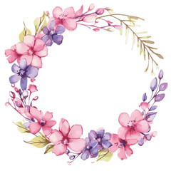 Fototapeta na wymiar Spring Floral Round Frame, Watercolor Style, Transparent.